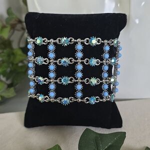 Vintage Wide Silver and Blue Lattice Bracelet